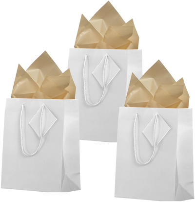 White/Gold Medium Glossy Gift Bags (8 x 10 x 4) (3 Pack) with Tissue Paper (10 Pack)