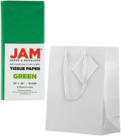 White/Green Medium Glossy Gift Bags (8 x 10 x 4) (3 Pack) with Tissue Paper (10 Pack)