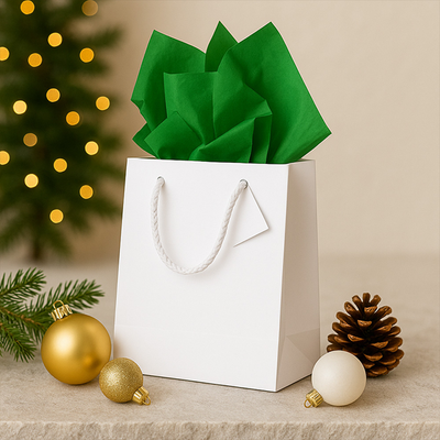 White/Green Medium Glossy Gift Bags (8 x 10 x 4) (3 Pack) with Tissue Paper (10 Pack)