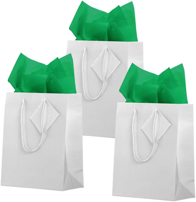 White/Green Medium Glossy Gift Bags (8 x 10 x 4) (3 Pack) with Tissue Paper (10 Pack)