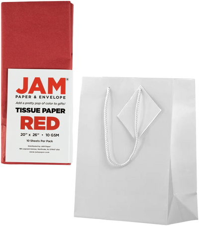 White/Red Medium Glossy Gift Bags (8 x 10 x 4) (3 Pack) with Tissue Paper (10 Pack)