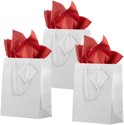 White/Red Medium Glossy Gift Bags (8 x 10 x 4) (3 Pack) with Tissue Paper (10 Pack)