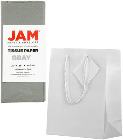 White/Gray Medium Glossy Gift Bags (8 x 10 x 4) (3 Pack) with Tissue Paper (10 Pack)