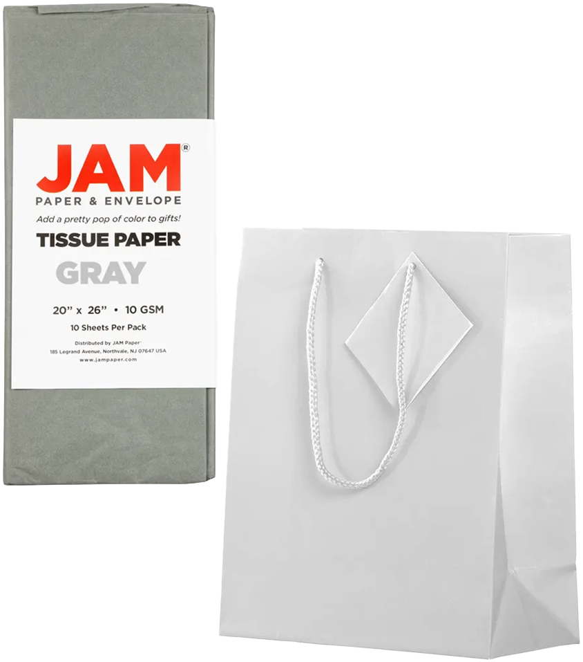 White/Gray Medium Glossy Gift Bags (8 x 10 x 4) (3 Pack) with Tissue Paper (10 Pack)