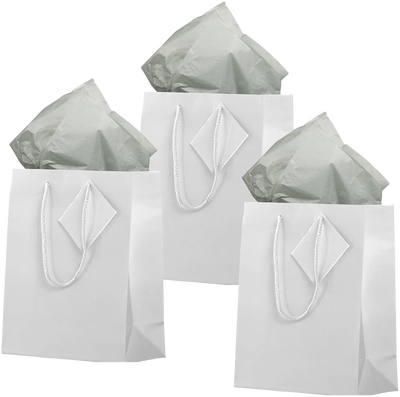 White/Gray Medium Glossy Gift Bags (8 x 10 x 4) (3 Pack) with Tissue Paper (10 Pack)