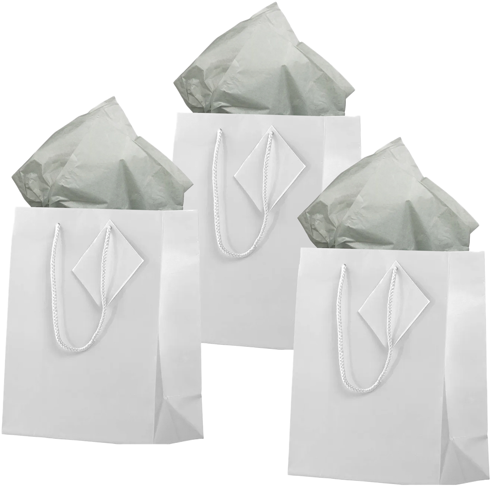 White/Gray Medium Glossy Gift Bags (8 x 10 x 4) (3 Pack) with Tissue Paper (10 Pack)