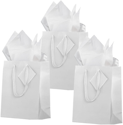 White Medium Glossy Gift Bags (8 x 10 x 4) (3 Pack) with Tissue Paper (10 Pack)
