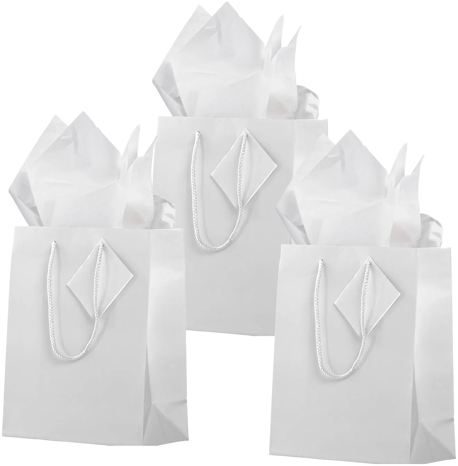 White Medium Glossy Gift Bags (8 x 10 x 4) (3 Pack) with Tissue Paper (10 Pack)