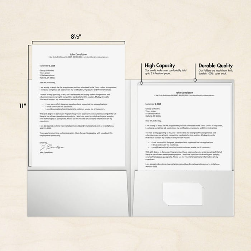 Glossy White 9 x 12 Folders with Front Cover Center Card Slits