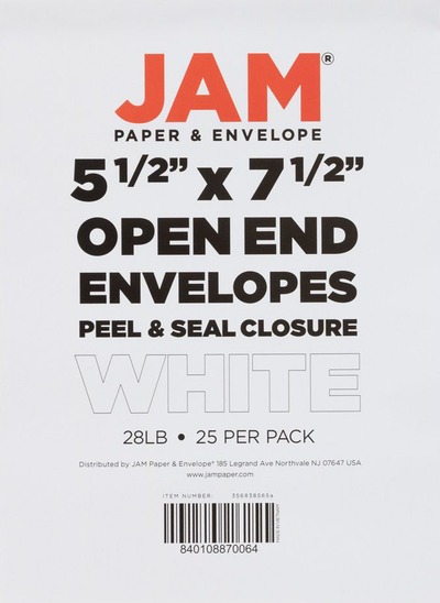White 28lb 5 1/2 x 7 1/2 Open End Envelopes with Peel & Seal