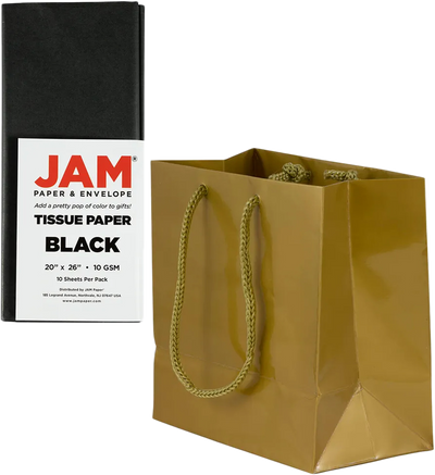 Gold/Black Small Glossy Gift Bags (6 1/2 x 6 1/2 x 3 1/2) (3 Pack) with Tissue Paper (10 Pack)