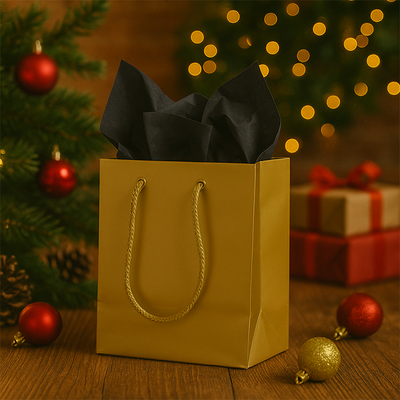 Gold/Black Small Glossy Gift Bags (6 1/2 x 6 1/2 x 3 1/2) (3 Pack) with Tissue Paper (10 Pack)