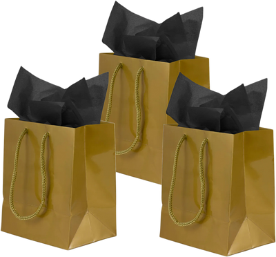 Gold/Black Small Glossy Gift Bags (6 1/2 x 6 1/2 x 3 1/2) (3 Pack) with Tissue Paper (10 Pack)
