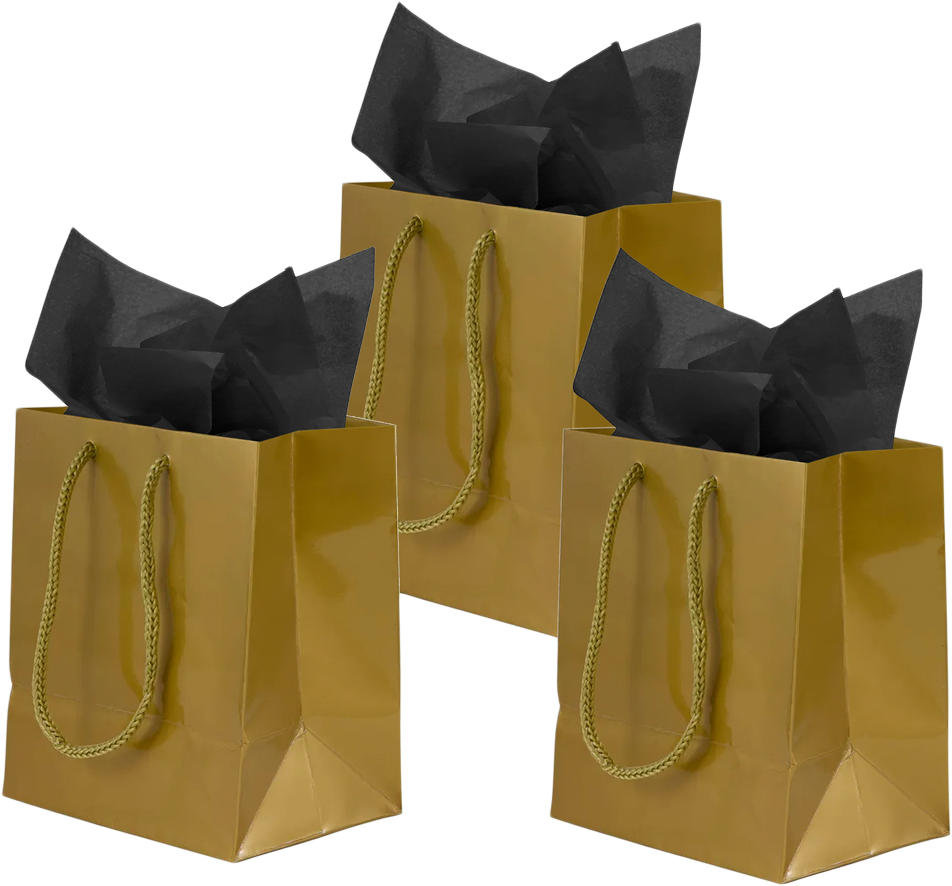 Gold/Black Small Glossy Gift Bags (6 1/2 x 6 1/2 x 3 1/2) (3 Pack) with Tissue Paper (10 Pack)