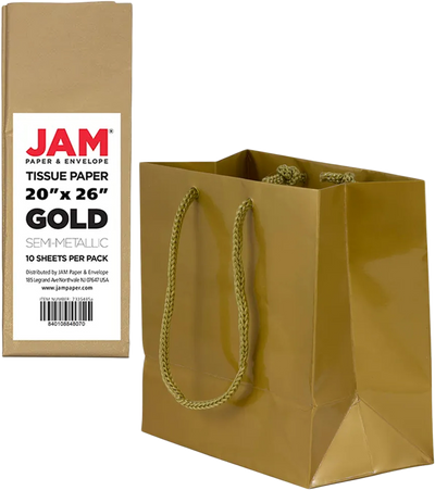 Gold Small Glossy Gift Bags (6 1/2 x 6 1/2 x 3 1/2) (3 Pack) with Tissue Paper (10 Pack)