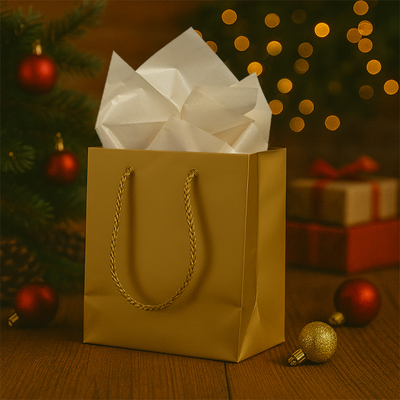 Gold Small Glossy Gift Bags (6 1/2 x 6 1/2 x 3 1/2) (3 Pack) with Tissue Paper (10 Pack)