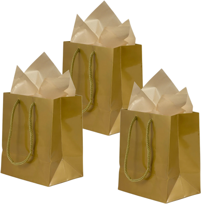 Gold Small Glossy Gift Bags (6 1/2 x 6 1/2 x 3 1/2) (3 Pack) with Tissue Paper (10 Pack)