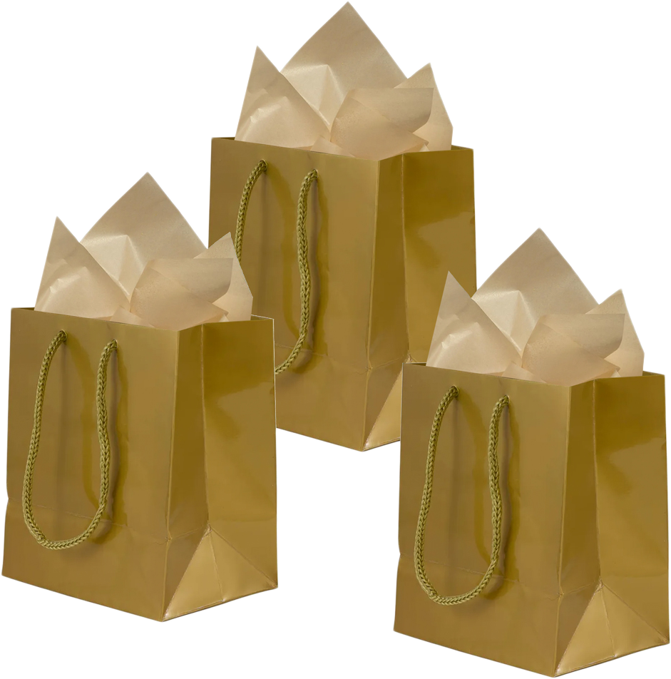 Gold Small Glossy Gift Bags (6 1/2 x 6 1/2 x 3 1/2) (3 Pack) with Tissue Paper (10 Pack)