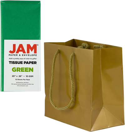 Gold/Green Small Glossy Gift Bags (6 1/2 x 6 1/2 x 3 1/2) (3 Pack) with Tissue Paper (10 Pack)