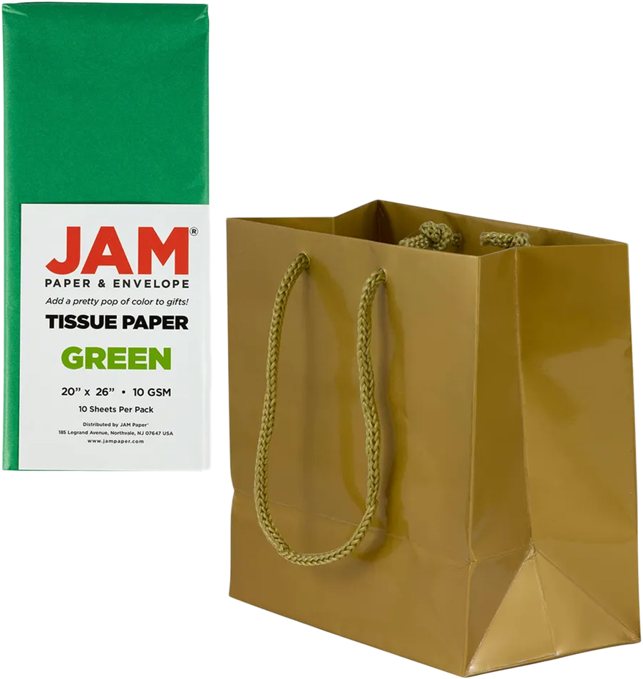Gold/Green Small Glossy Gift Bags (6 1/2 x 6 1/2 x 3 1/2) (3 Pack) with Tissue Paper (10 Pack)