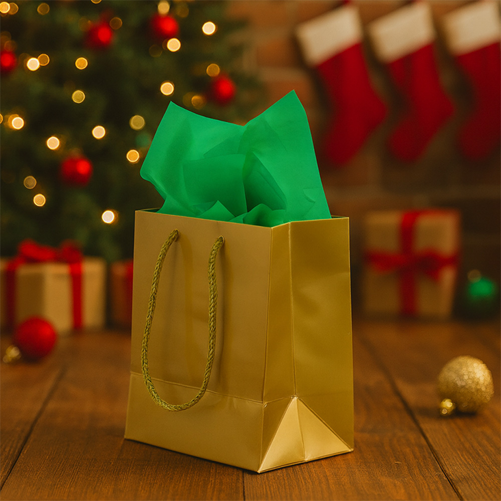 Gold/Green Small Glossy Gift Bags (6 1/2 x 6 1/2 x 3 1/2) (3 Pack) with Tissue Paper (10 Pack)