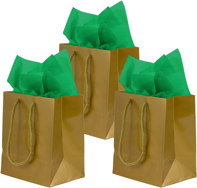 Gold/Green Small Glossy Gift Bags (6 1/2 x 6 1/2 x 3 1/2) (3 Pack) with Tissue Paper (10 Pack)