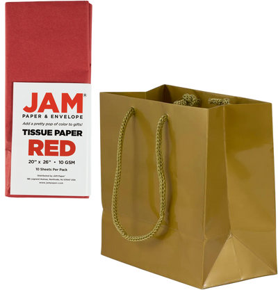 Gold/Red Small Glossy Gift Bags (6 1/2 x 6 1/2 x 3 1/2) (3 Pack) with Tissue Paper (10 Pack)