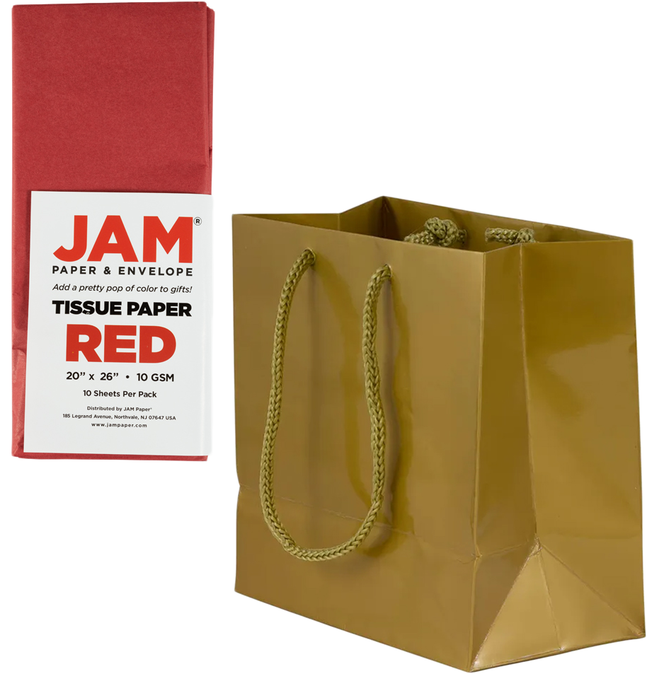 Gold/Red Small Glossy Gift Bags (6 1/2 x 6 1/2 x 3 1/2) (3 Pack) with Tissue Paper (10 Pack)