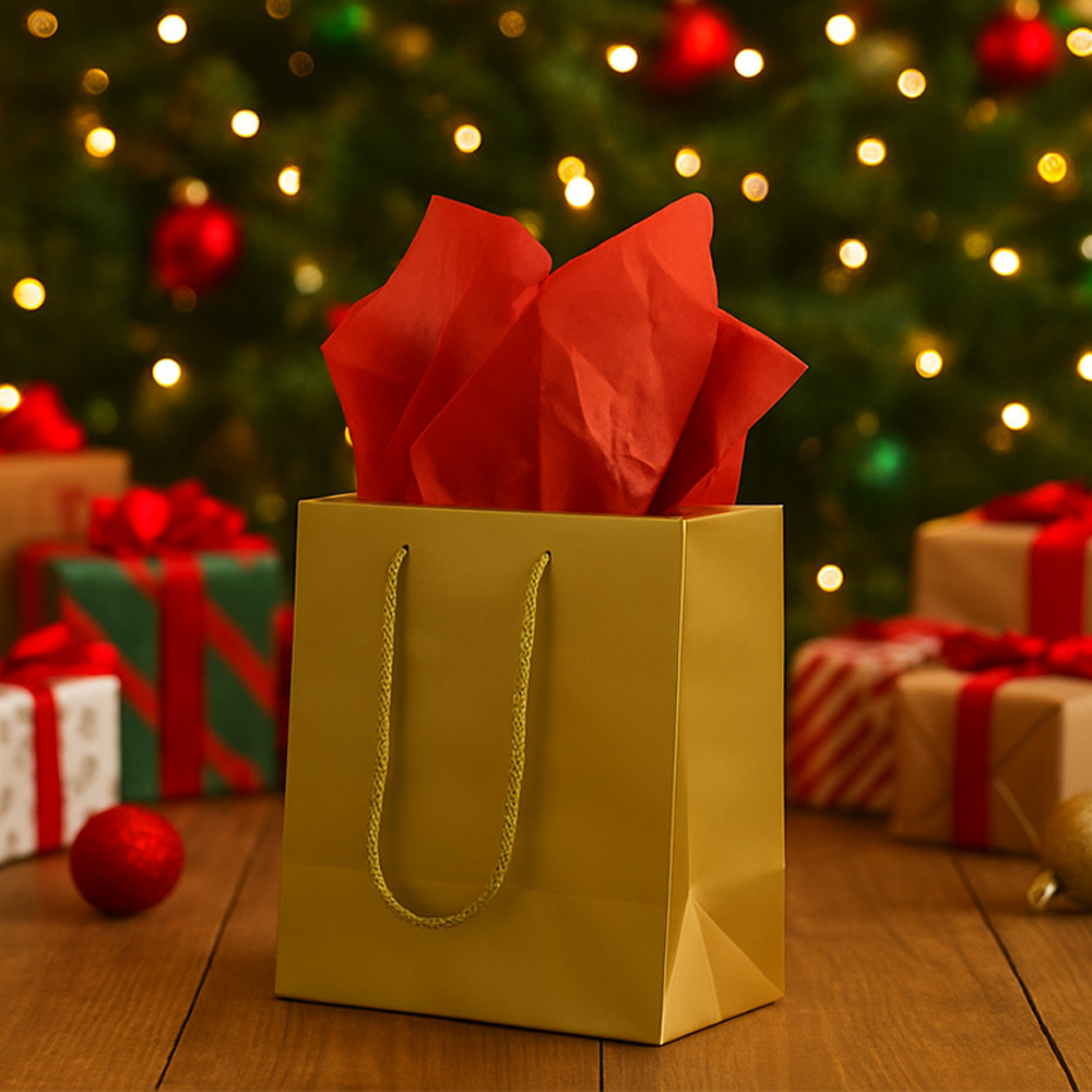 Gold/Red Small Glossy Gift Bags (6 1/2 x 6 1/2 x 3 1/2) (3 Pack) with Tissue Paper (10 Pack)