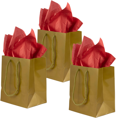 Gold/Red Small Glossy Gift Bags (6 1/2 x 6 1/2 x 3 1/2) (3 Pack) with Tissue Paper (10 Pack)