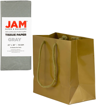 Gold/Gray Small Glossy Gift Bags (6 1/2 x 6 1/2 x 3 1/2) (3 Pack) with Tissue Paper (10 Pack)