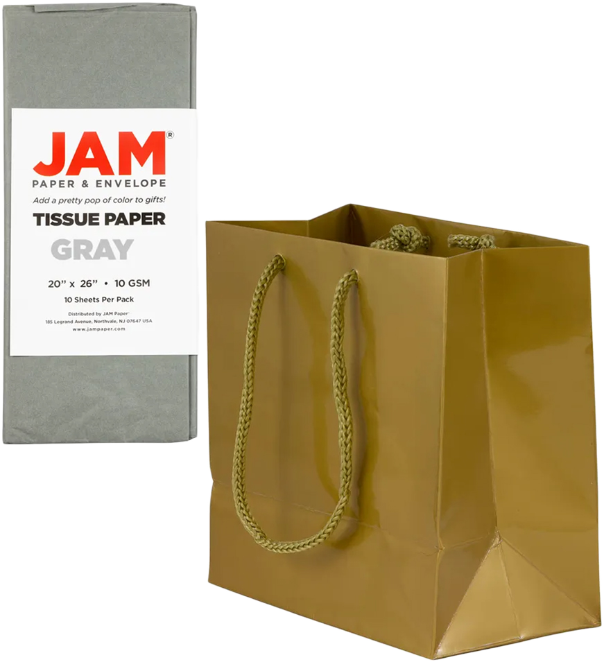 Gold/Gray Small Glossy Gift Bags (6 1/2 x 6 1/2 x 3 1/2) (3 Pack) with Tissue Paper (10 Pack)