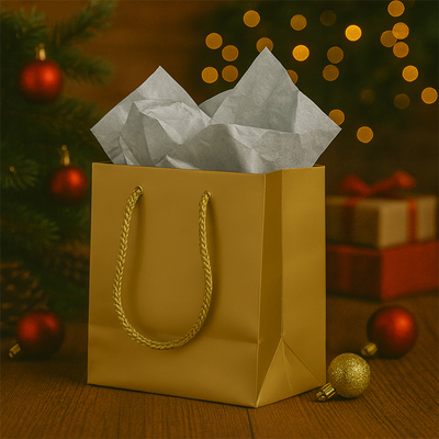 Gold/Gray Small Glossy Gift Bags (6 1/2 x 6 1/2 x 3 1/2) (3 Pack) with Tissue Paper (10 Pack)
