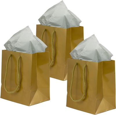 Gold/Gray Small Glossy Gift Bags (6 1/2 x 6 1/2 x 3 1/2) (3 Pack) with Tissue Paper (10 Pack)