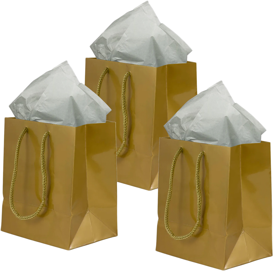 Gold/Gray Small Glossy Gift Bags (6 1/2 x 6 1/2 x 3 1/2) (3 Pack) with Tissue Paper (10 Pack)