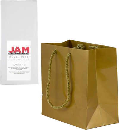 Gold/White Small Glossy Gift Bags (6 1/2 x 6 1/2 x 3 1/2) (3 Pack) with Tissue Paper (10 Pack)