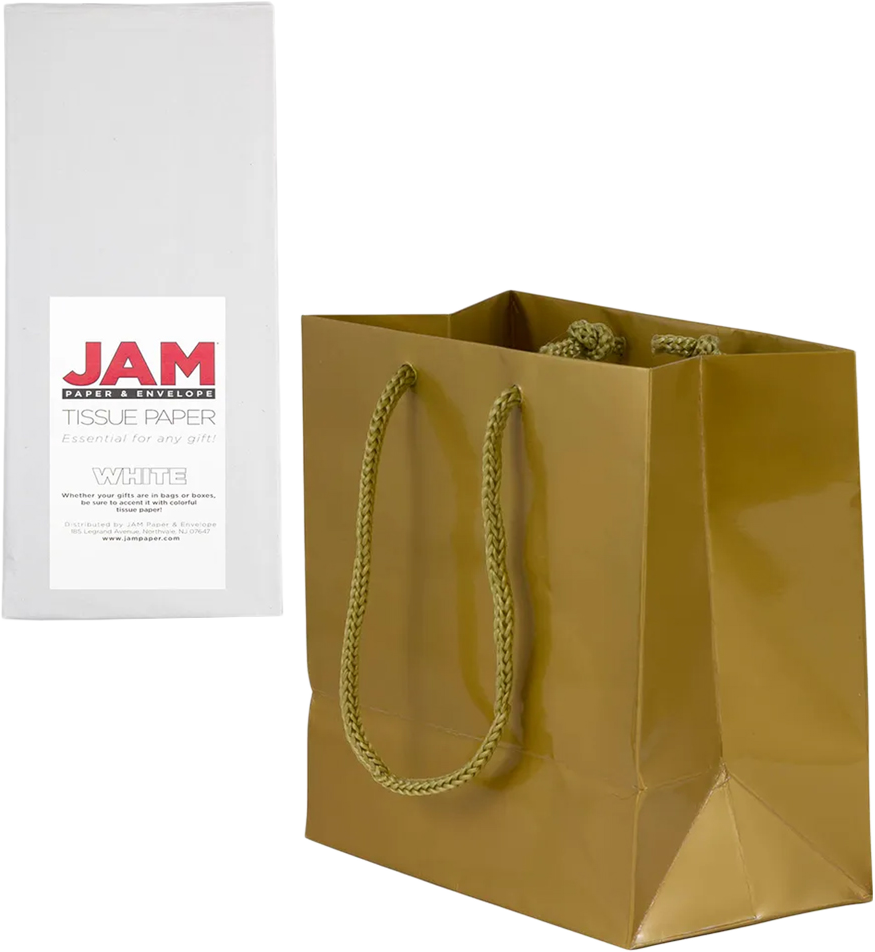 Gold/White Small Glossy Gift Bags (6 1/2 x 6 1/2 x 3 1/2) (3 Pack) with Tissue Paper (10 Pack)