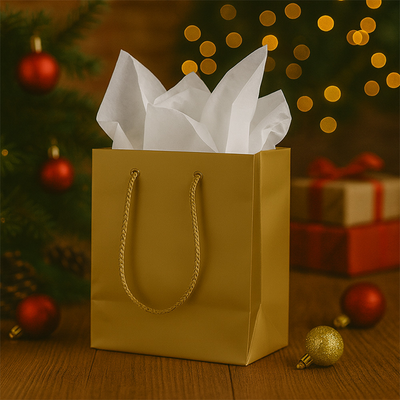 Gold/White Small Glossy Gift Bags (6 1/2 x 6 1/2 x 3 1/2) (3 Pack) with Tissue Paper (10 Pack)