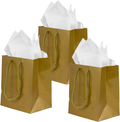 Gold/White Small Glossy Gift Bags (6 1/2 x 6 1/2 x 3 1/2) (3 Pack) with Tissue Paper (10 Pack)