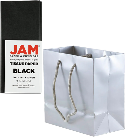 Silver/Black Small Glossy Gift Bags (6 1/2 x 6 1/2 x 3 1/2) (3 Pack) with Tissue Paper (10 Pack)