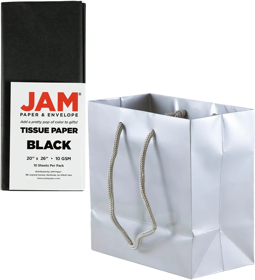 Silver/Black Small Glossy Gift Bags (6 1/2 x 6 1/2 x 3 1/2) (3 Pack) with Tissue Paper (10 Pack)
