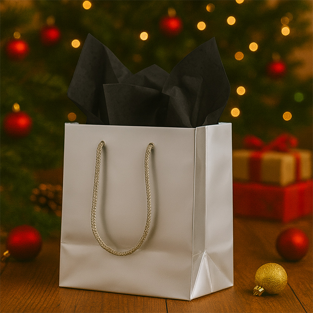 Silver/Black Small Glossy Gift Bags (6 1/2 x 6 1/2 x 3 1/2) (3 Pack) with Tissue Paper (10 Pack)
