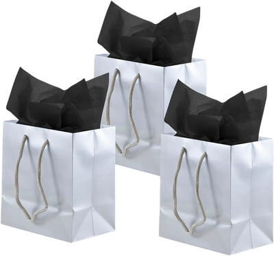 Silver/Black Small Glossy Gift Bags (6 1/2 x 6 1/2 x 3 1/2) (3 Pack) with Tissue Paper (10 Pack)