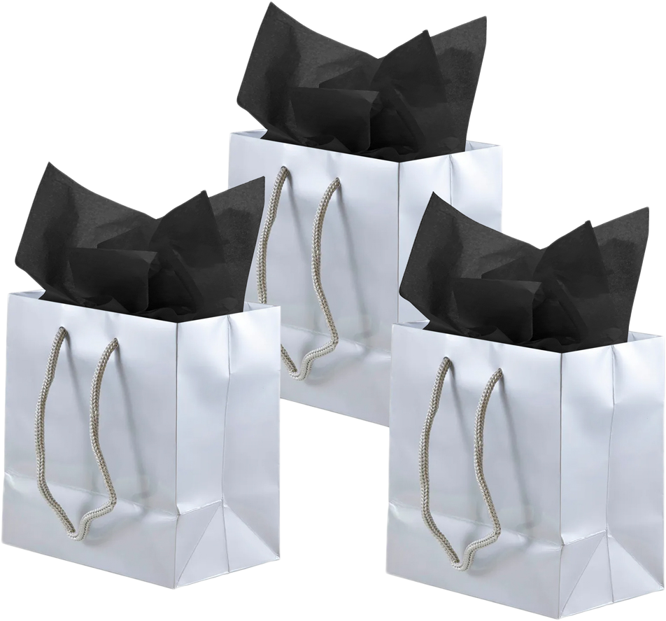 Silver/Black Small Glossy Gift Bags (6 1/2 x 6 1/2 x 3 1/2) (3 Pack) with Tissue Paper (10 Pack)