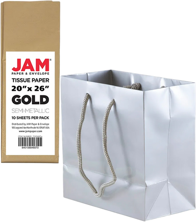 Silver/Gold Small Glossy Gift Bags (6 1/2 x 6 1/2 x 3 1/2) (3 Pack) with Tissue Paper (10 Pack)