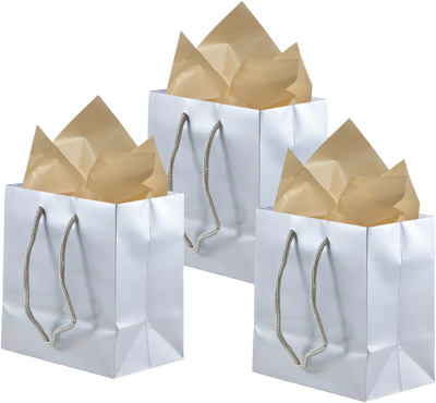 Silver/Gold Small Glossy Gift Bags (6 1/2 x 6 1/2 x 3 1/2) (3 Pack) with Tissue Paper (10 Pack)