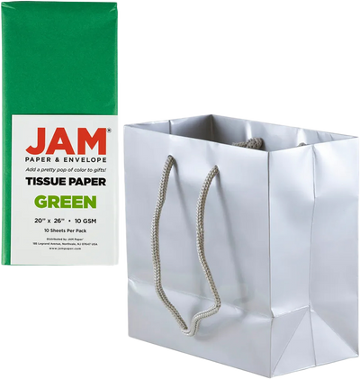 Silver/Green Small Glossy Gift Bags (6 1/2 x 6 1/2 x 3 1/2) (3 Pack) with Tissue Paper (10 Pack)