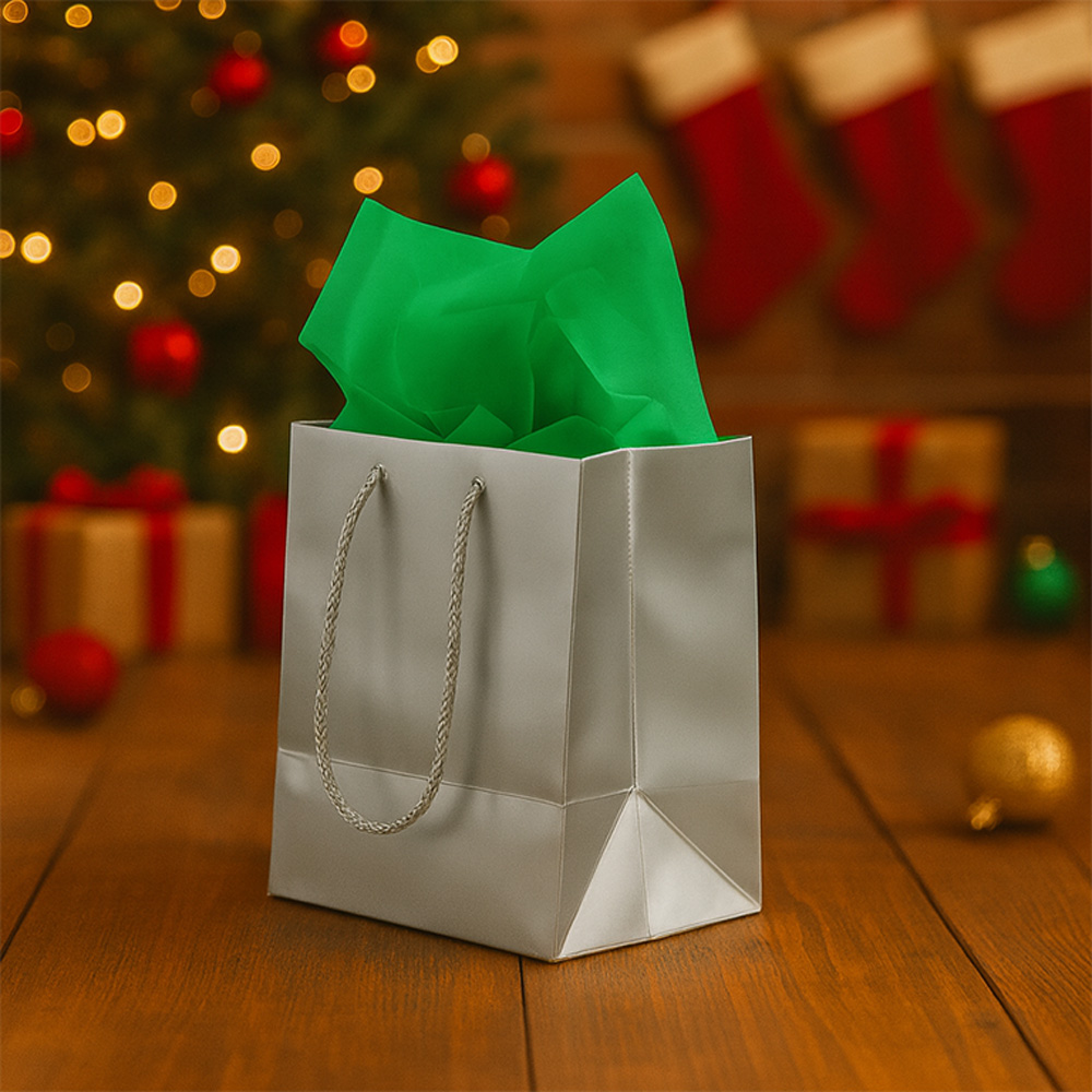 Silver/Green Small Glossy Gift Bags (6 1/2 x 6 1/2 x 3 1/2) (3 Pack) with Tissue Paper (10 Pack)