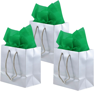 Silver/Green Small Glossy Gift Bags (6 1/2 x 6 1/2 x 3 1/2) (3 Pack) with Tissue Paper (10 Pack)