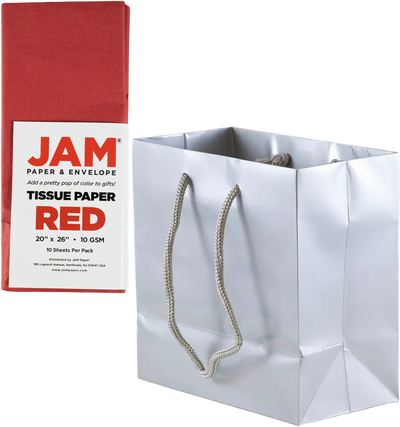 Silver/Red Small Glossy Gift Bags (6 1/2 x 6 1/2 x 3 1/2) (3 Pack) with Tissue Paper (10 Pack)